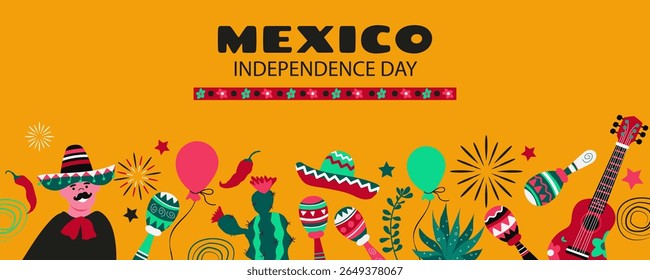 Dia da Independência do México .  Conceito de férias para 16 de setembro. Día de la Independencia de México. Banner vetorial em estilo plano. 