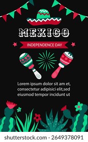 Dia da Independência do México .  Conceito de férias para 16 de setembro. Día de la Independencia de México. Banner vetorial em estilo plano. 