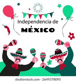 Dia da Independência do México .  Conceito de férias para 16 de setembro. Día de la Independencia de México. Banner vetorial em estilo plano. 