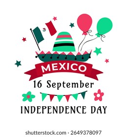 Dia da Independência do México .  Conceito de férias para 16 de setembro. Día de la Independencia de México. Banner vetorial em estilo plano. 