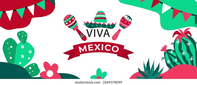 Dia da Independência do México .  Conceito de férias para 16 de setembro. Día de la Independencia de México. Banner vetorial em estilo plano. 