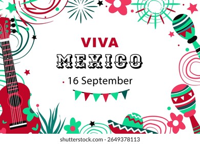 Dia da Independência do México .  Conceito de férias para 16 de setembro. Día de la Independencia de México. Banner vetorial em estilo plano. 