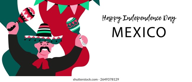 Dia da Independência do México .  Conceito de férias para 16 de setembro. Día de la Independencia de México. Banner vetorial em estilo plano. 