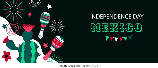 Dia da Independência do México .  Conceito de férias para 16 de setembro. Día de la Independencia de México. Banner vetorial em estilo plano. 