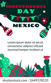 Dia da Independência do México .  Conceito de férias para 16 de setembro. Día de la Independencia de México. Banner vetorial em estilo plano. 