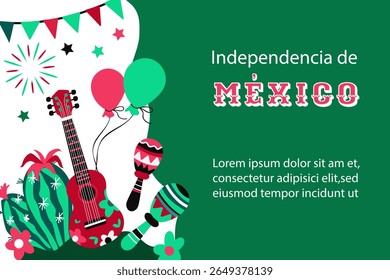 Dia da Independência do México .  Conceito de férias para 16 de setembro. Día de la Independencia de México. Banner vetorial em estilo plano. 