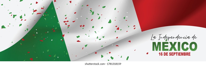 Mexico Independence Day banner. 16 September national holiday. Green, white, and red Mexican flag. Lettering in Spanish. Vector illustration.