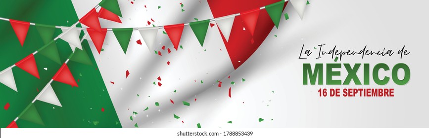 Mexico Independence Day banner. 16 September national holiday. Green, white, and red Mexican flag. Lettering in Spanish. Vector illustration.