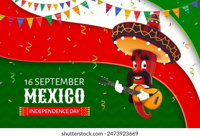 Mexico Independence Day banner with chili pepper character, vector Mexican flag background. Cartoon chili pepper mariachi musician in sombrero with guitar for Mexican Independence day holiday fiesta