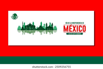 Banner do Dia da Independência do México. Banner elegante com fita de bandeira mexicana e silhuetas de marcos famosos. Tradução : Dia da Independência do México, 16 de setembro. Banner, Poster, Cartão de Mensagens.