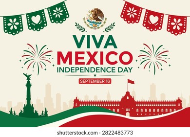 Mexico Independence Day banner with flowing flag-inspired ribbons, fireworks, and iconic Mexico City landmarks. September 16 celebration.