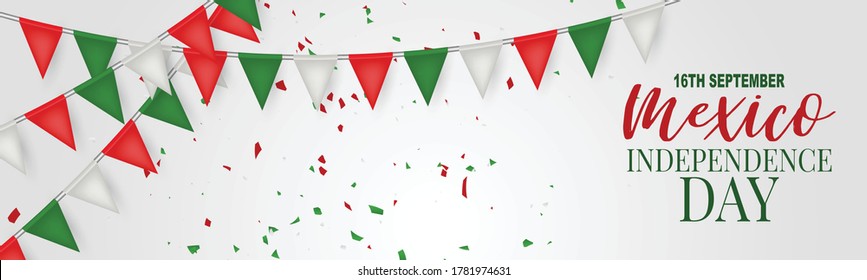 Mexico Independence Day banner or header. 16 September national holiday. Patriotic design concept. Green, white, and red Mexican bunting flags. Vector illustration.