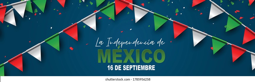 Banner o cabecera del Día de la Independencia de México. 16 de septiembre feriado nacional. Concepto de diseño patriótico. Banderas verdes, blancas y rojas mexicanas. Ilustración vectorial.