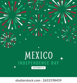Mexico independence day banner template. Mexican flag color fireworks. National holiday september 16th poster card with typography. Flat style. Vector illustration