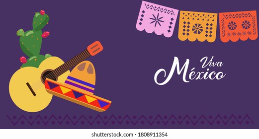 Mexico independence day celebration horizontal banner vector illustration. Text in Spanish: Long live Mexico