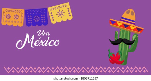 Mexico independence day celebration horizontal banner vector illustration. Text in Spanish: Long live Mexico