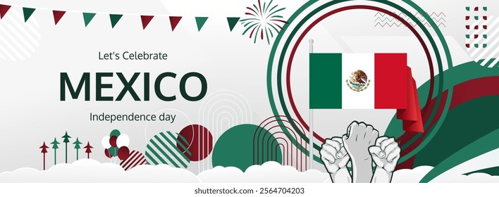 Mexico Independence Day design banner with rising hand and Mexico flag. Happy Mexico National Day on 16 September. Attractive poster for ads, tourism and travel. Holiday concept