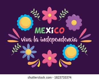 Mexico independence day design with decorative flowers and leaves around over purple background, colorful design, vector illustration