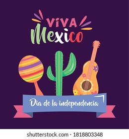 Mexico independence day design with maracas, cactus and guitar over purple background, vector illustration