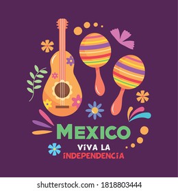 Mexico independence day design with mexican guitar and maracas over purple background, vector illustration