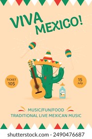 Mexico independence day flyer. September 16 poster vector illustration. Happy Independence Day of Mexico. Cactus in a sombrero with a guitar, tequila and maracas flyer. Mexico musical festival poster