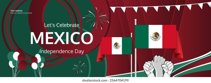 Mexico Independence Day greeting banner. September 16th is celebrated as Mexican National Day annually. Abstract template with flag and raised fist. Mexico Day illustration concept.