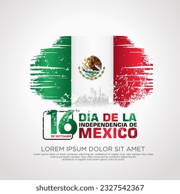 Mexico independence day greeting card, with grunge and splash effect on flag as a symbol of independence and silhouette city. vector illustration