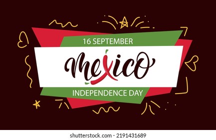 Mexico Independence day handwritten text on colorful abstract background. Hand lettering, modern brush calligraphy. Vector illustration for annual Mexican holiday on September 16. Logo, poster, banner