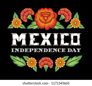 Mexico Independence Day illustration vector for card template. Traditional flowers embroidery ornaments pattern frame. Background design for fiesta carnival banner, mexican party invitation.