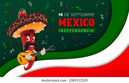 Mexico Independence Day paper cut banner with chili pepper and national flag waves, vector background. Chili pepper mariachi character in sombrero with guitar for Mexican Independence day holiday