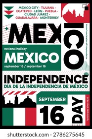 Mexico Independence Day poster. Vector illustration with flag colors, utilitarian and bold style for web card, cover, print, social media post. Patriotic holiday infographic composition concept