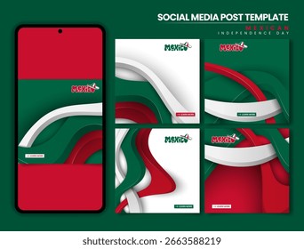 Día de la independencia de México. Conjunto de carrusel de publicaciones en redes sociales con Formas 3D ondeando de verde, blanco y rojo para el día nacional de México