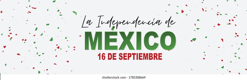 Mexico Independence Day Simple Banner Or Header. 16 September Mexican National Holiday. Green, White, And Red Confetti. Vector Illustration.