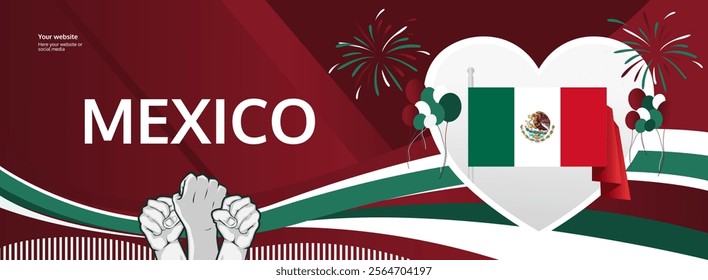 Mexico Independence Day template design with heart symbol in flag color theme. Modern abstract art for Independence spirit, perfect for National Day poster or banner