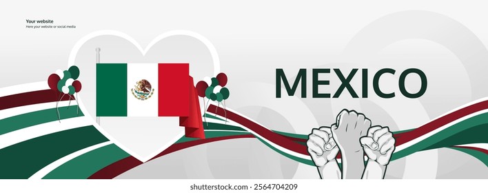 Mexico Independence Day template design with heart symbol in flag color theme. Modern abstract art for Independence spirit, perfect for National Day poster or banner