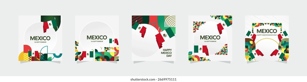 Conjunto de Plantilla del Día de la Independencia de México. Fondo del cartel del día nacional con la bandera y el diseño geométrico moderno. Portadas de redes sociales, tarjetas de felicitación creativas, Anuncio y publicación