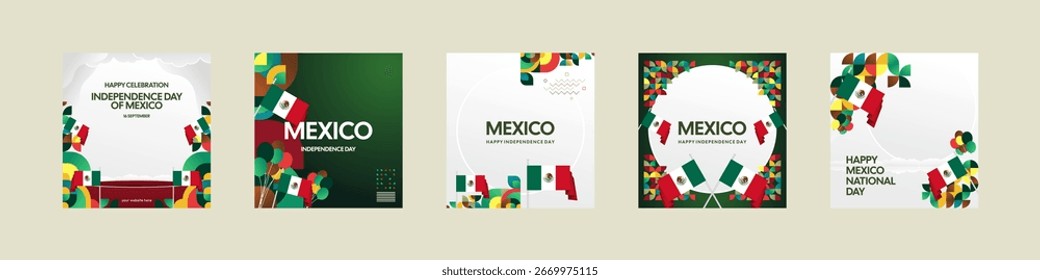 Mexico Independence Day template set. National day poster background with flag and modern geometric design. Social media covers, creative greeting cards, banner, and post