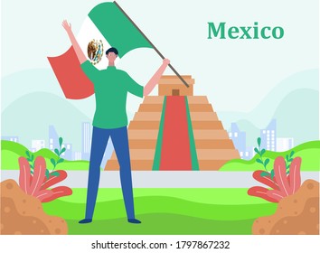 Mexico Independence Day vector concept: man waving and holding Mexico national flag near Chichen Itza pyramid