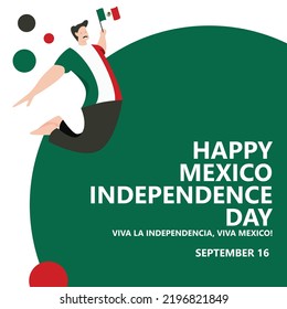 Mexico independence day vector illustration with a man jumping and holding the national flag. Spanish text translated as: Long live independence, long live Mexico. American country public holiday.