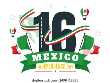 Ilustración vectorial del Día de la Independencia de México el 16 de septiembre con la bandera ondeando y la cinta en un fondo nacional de dibujos animados de estilo plano de Festiva