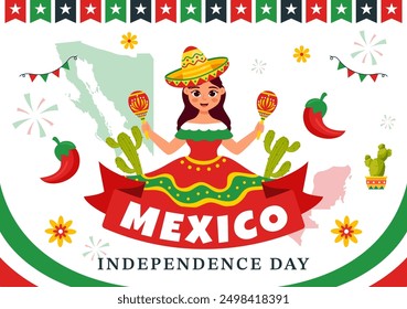 Mexico Independence Day Vector Illustration on September 16 with Waving Flag and Ribbon in a National Holiday Flat Style Cartoon Background