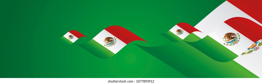 Mexico Independence Day waving flags two fold green landscape background