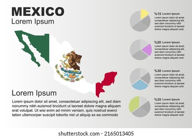 Mexico infographic general use vector template with pie chart, copy space statistics idea, Mexico country flag map with graphic, presentation idea, blank area graph for data, grey background