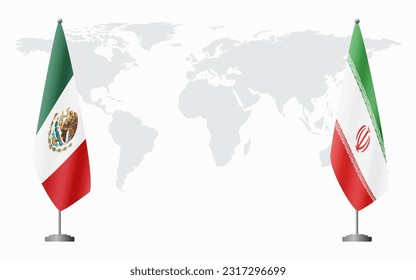 Mexico and Iran flags for official meeting against background of world map.