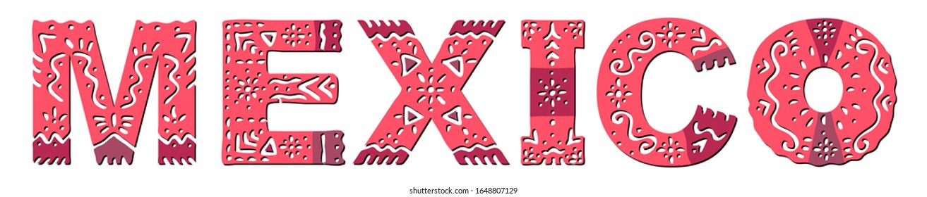 Mexico. Isolated inscription with national ethnic ornament in red colors. Patterned Mexico for web, booklet, poster, banner, flyer, cards and prints on clothing, mexican t-shirts. Stock vector image