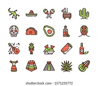 Mexico items color linear icons set. Mexican culture concept. Muerto, sombrero, lucha libre symbols pack. Pinata, tekila, taco design elements. Maracas, guitara, poncho. Isolated vector illustrations