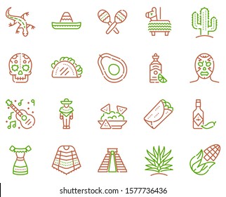 Mexico items color linear icons set. Mexican culture concept. Muerto, sombrero, lucha libre symbols pack. Pinata, tekila, taco design elements. Maracas, guitara, poncho. Isolated vector illustrations