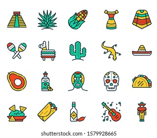 Mexico items color linear icons set. Mexican culture concept. Muerto, sombrero, lucha libre symbols pack. Pinata, tequila, taco design elements. Maracas, guitara, poncho. Isolated vector illustrations