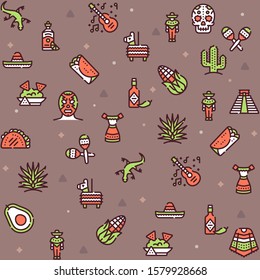 Mexico items color linear icons set. Mexican culture concept. Muerto, sombrero, lucha libre symbols pack. Pinata, tekila, taco design elements. Maracas, guitara, poncho. Isolated vector illustrations