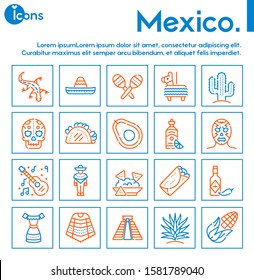 Mexico items color linear icons set. Mexican culture concept. Muerto, sombrero, lucha libre symbols pack. Pinata, tekila, taco design elements. Maracas, guitara, poncho. Isolated vector illustrations